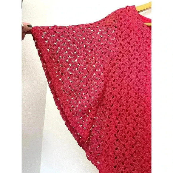 Coral Pink Crochet Top Batwing Sleeves MEDIUM Lined Peck & Peck Women's - Picture 4 of 9